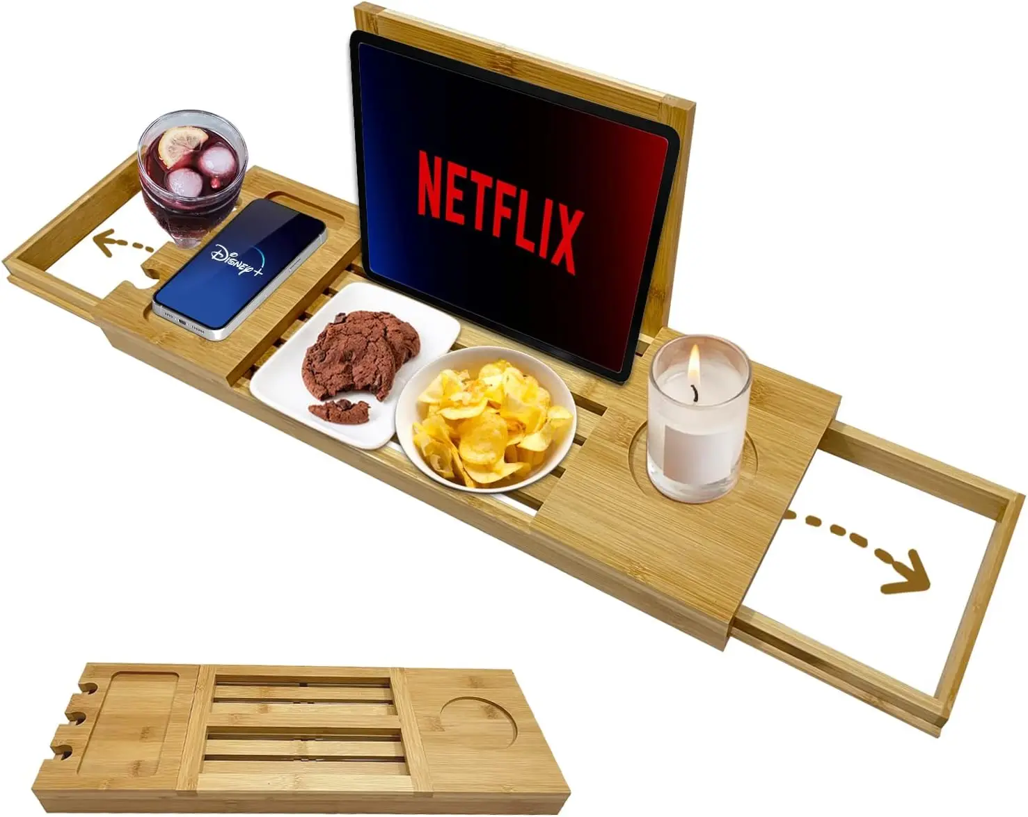 Luxury Spa Reading Organizer with Holder Bamboo Wooden Bathtub Expandable Tray Caddy for Book