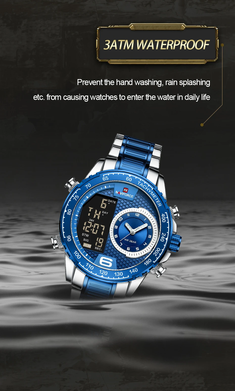 NAVIFORCE Casual Quartz Watch Men Stainless Steel Men Led Clock Male Waterproof Watches relogio masculino 9199S