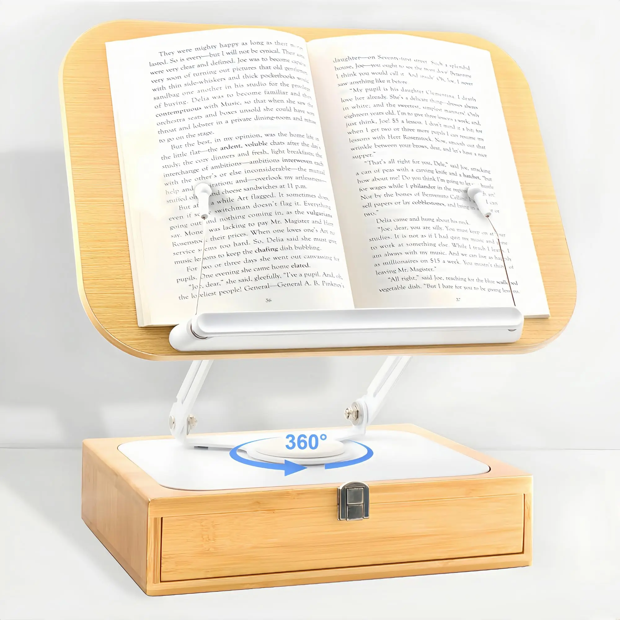 Customized 360° Rotating Bamboo Bookshelf  Recipe Rack with Drawers for Office Kitchen Living Room Use Book/Music Stand Rack