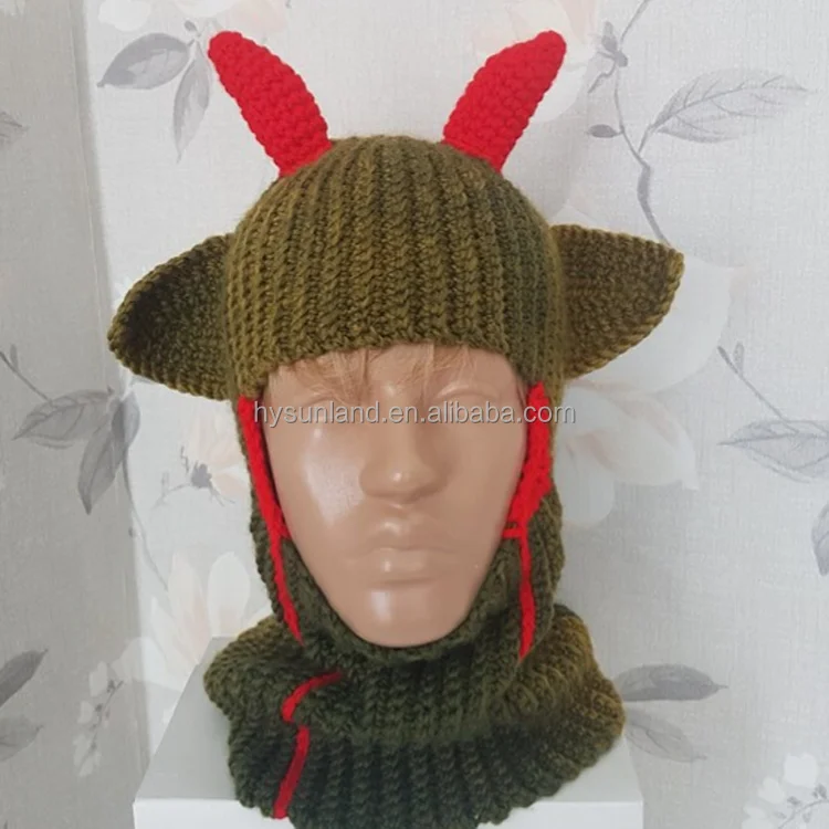 F-9785 Winter Thicken Hand Knit Balaclava With Bear Ears Custom Crochet  Ski-mask Face Cover Unisex Halloween Devil Hat Wholesale - Buy Balaclava  With 