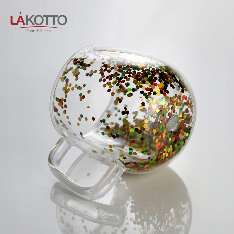 Free Sample Glassware Custom Logo High Borosilicate Double Wall Glass Cup Double Wall Glass Coffee Cup with Glitter