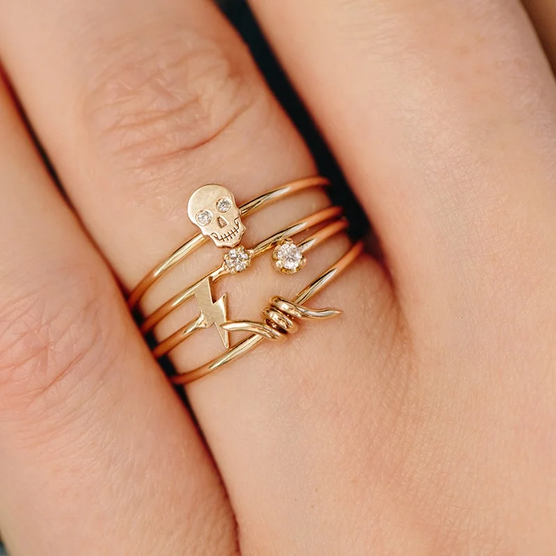 Milskye Simple Style 925 Sterling Silver Hip Hop Skull Skeleton Gold Vermeil Diamond Ring