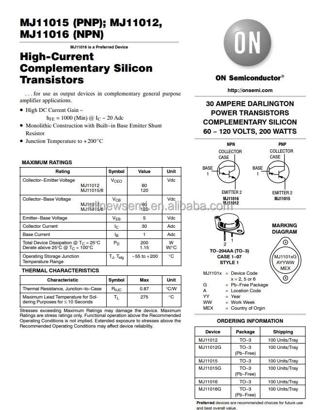 Hot sale Original MJ11016G TRANS NPN Bipolar (BJT) Transistor NPN - Darlington 120 V 30 A 4MHz 200 W Through Hole TO-204(TO-3)