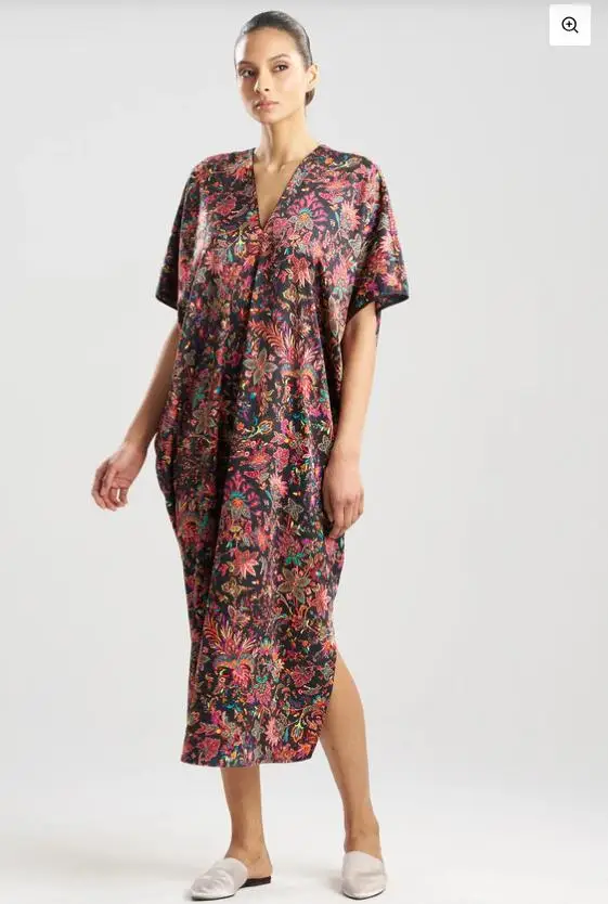 2025 Granada V- Neck Caftan Floral Print Sleeping Wear Muslim Women Loose- Weight Long Dress for Summer Short Sleeve Side Slits