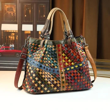 Large Capacity European and American Retro Genuine Leather Woven Single Shoulder Bag for Women