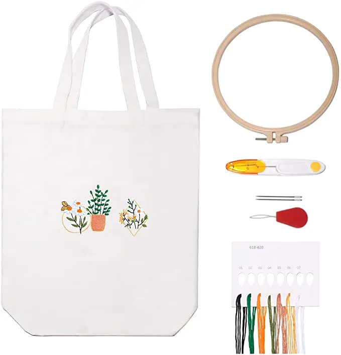 Included Bamboo Embroidery Hoops & Tools DIY Canvas Bag Cross Stitch Kits School Shopping Fivebop 2 Packs Embroidery Kit Canvas Tote Bags with Floral Patterns White+Black for Beginners 