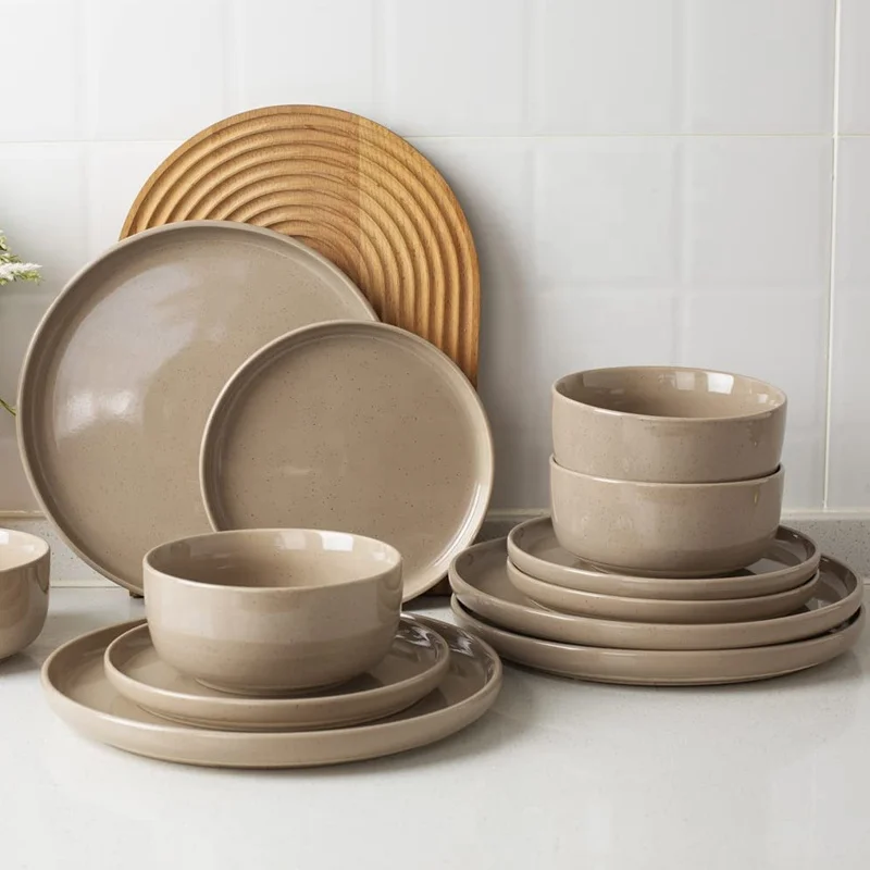 Ceramic Dinner Set Multicolor Glazed Plates Sets Dinnerware with Speckled Dots Brown Rim