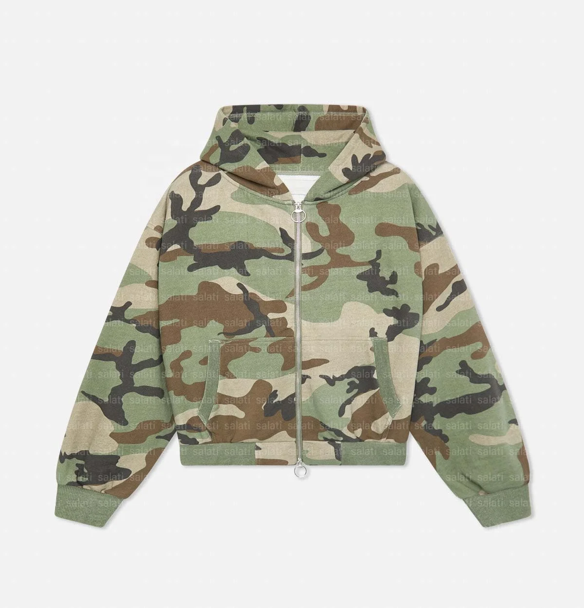 Salati Wholesale Streetwear Sweatshirts Double Zip up Dtg Printed Boxy Fit Cotton Camouflage Cropped Camo Hoodie for Men Stylish gallery 4