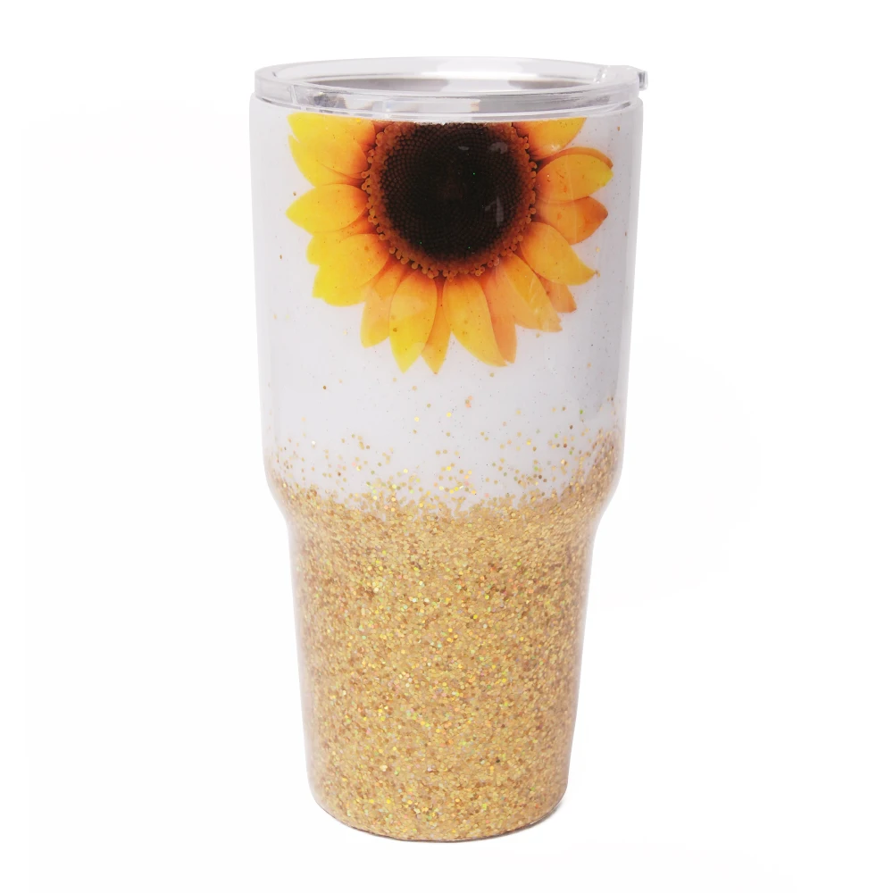 Custom name "Lexy" epoxy tumbler cup with sunflowers and glitter,  32 oz capacity