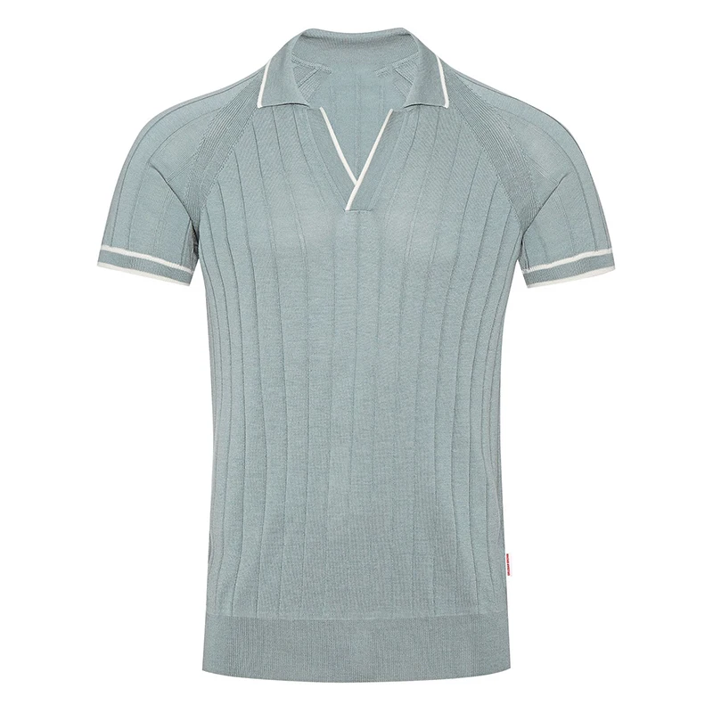 OEM Custom Latest Design Light  Green Almond Tailored Fit Rib Knit  Men Polo Shirt