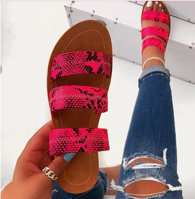 Fashion Designer 2023 Snakeskin Non-Slip Sandal Women's Casual Shoes Ladies  Leopard Flat Sandals Mixed Color Lazy Half Slippers