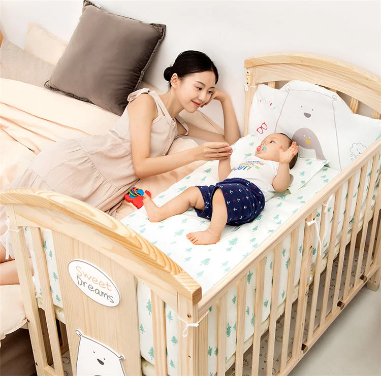 YQ JENMW Solid wood crib Best selling solid pine wooden baby bed design/baby swing cot/baby crib attached adult bed