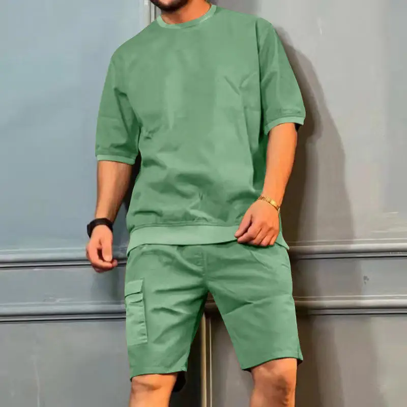 Linéaire D'été Pour Hommes À La Mode Décontracté Short T-Shirt Survêtement 2 Pièces Ensembles Courts876_voghion.com