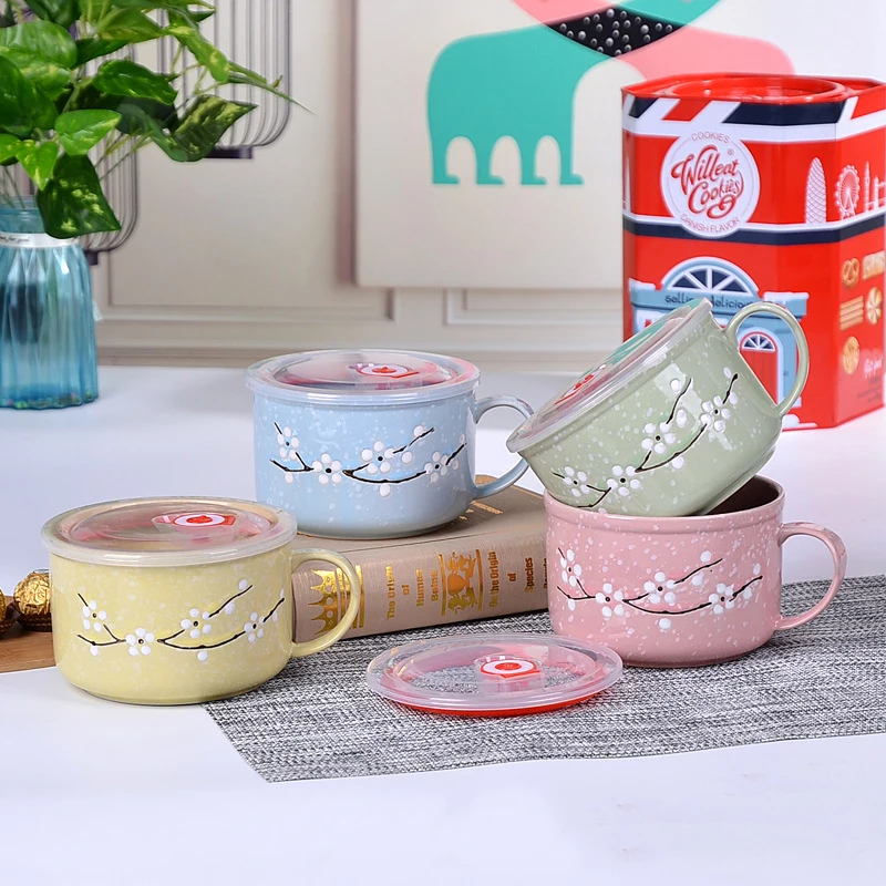Sample Available Large Capacity Ramen Soup Bowl Set Ceramic Embossed Ceramic Soup Mug with Lid