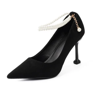 Chic Women's Black Suede Pointed - Toe Stiletto Heel Pumps with Pearl Ankle Strap & Charm