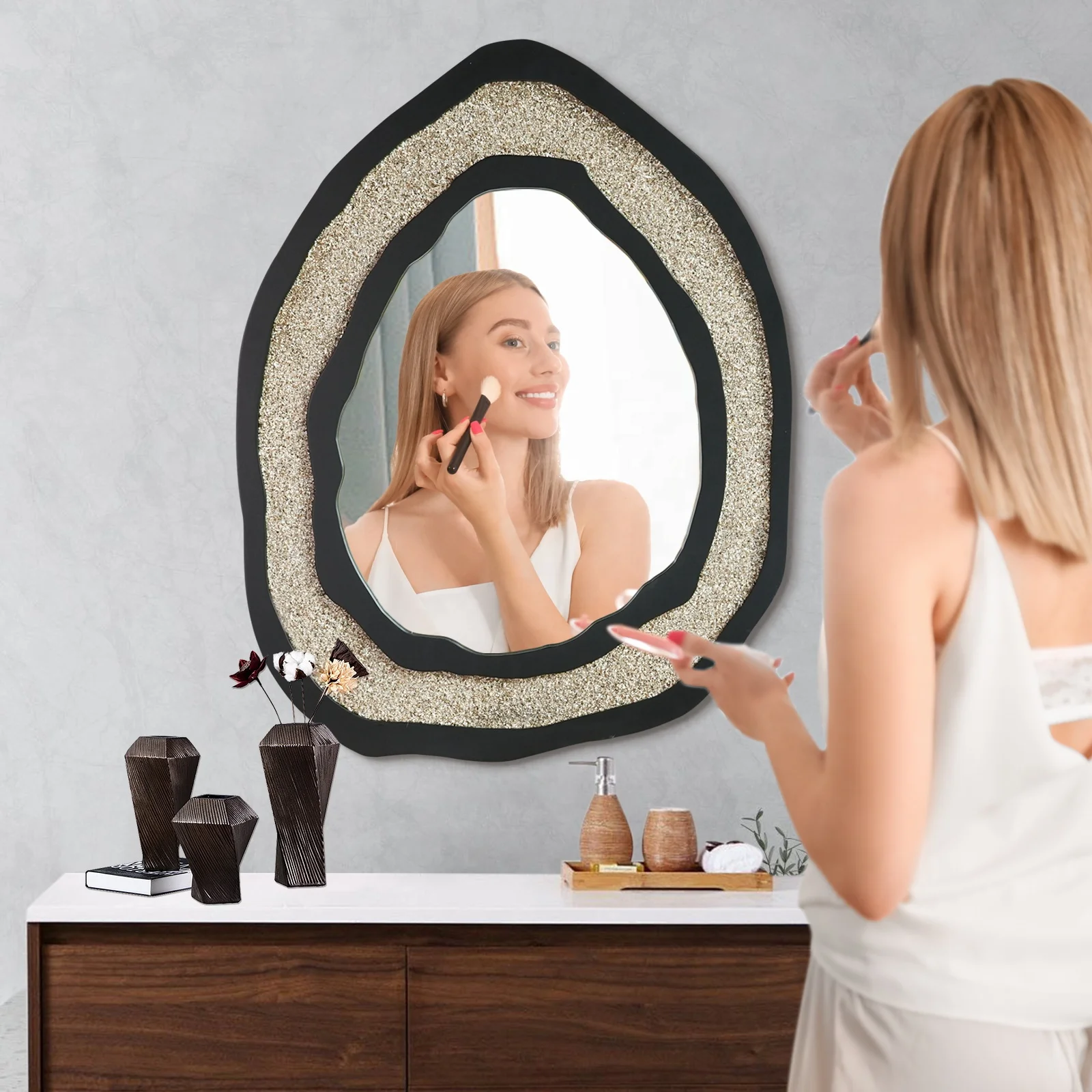 Hot Selling Custom Shell Powder Creativity Best Luxury Decorative Wall Mirror Acrylic Crushed Stone Glass Wall Mirror