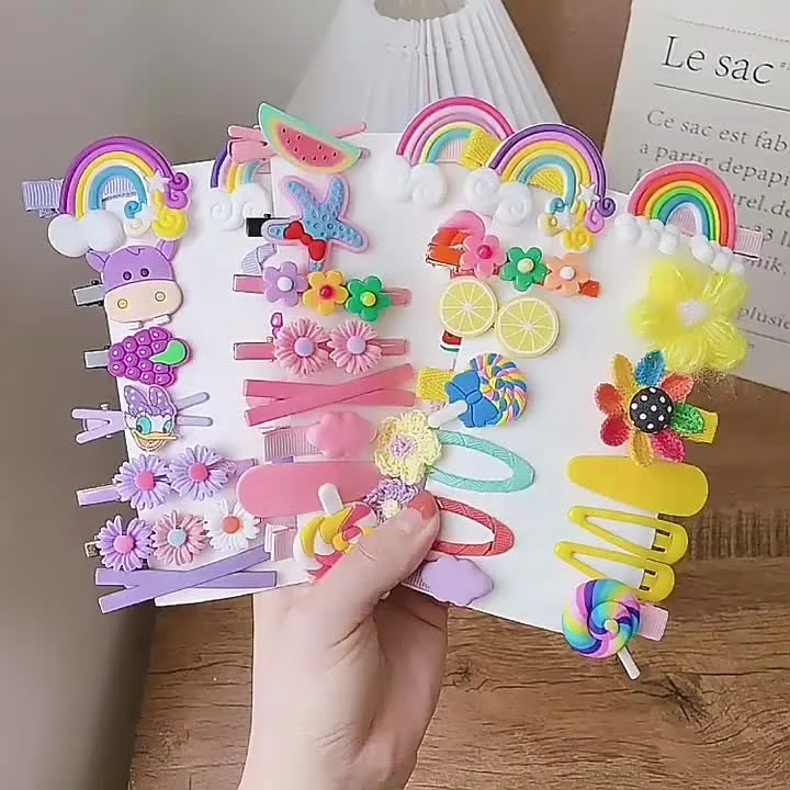 New Design 14Pcs/Set Cartoon Candy Color Cute Hair Barrette Rainbow Cloud Lollipop Clip Pin Accessories Set for Kids Girls