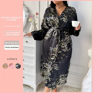 European American Style Women's Sexy Printed Bathrobe Elastic Waist Plus Size Home Wear Front Nightgown Satin Ice