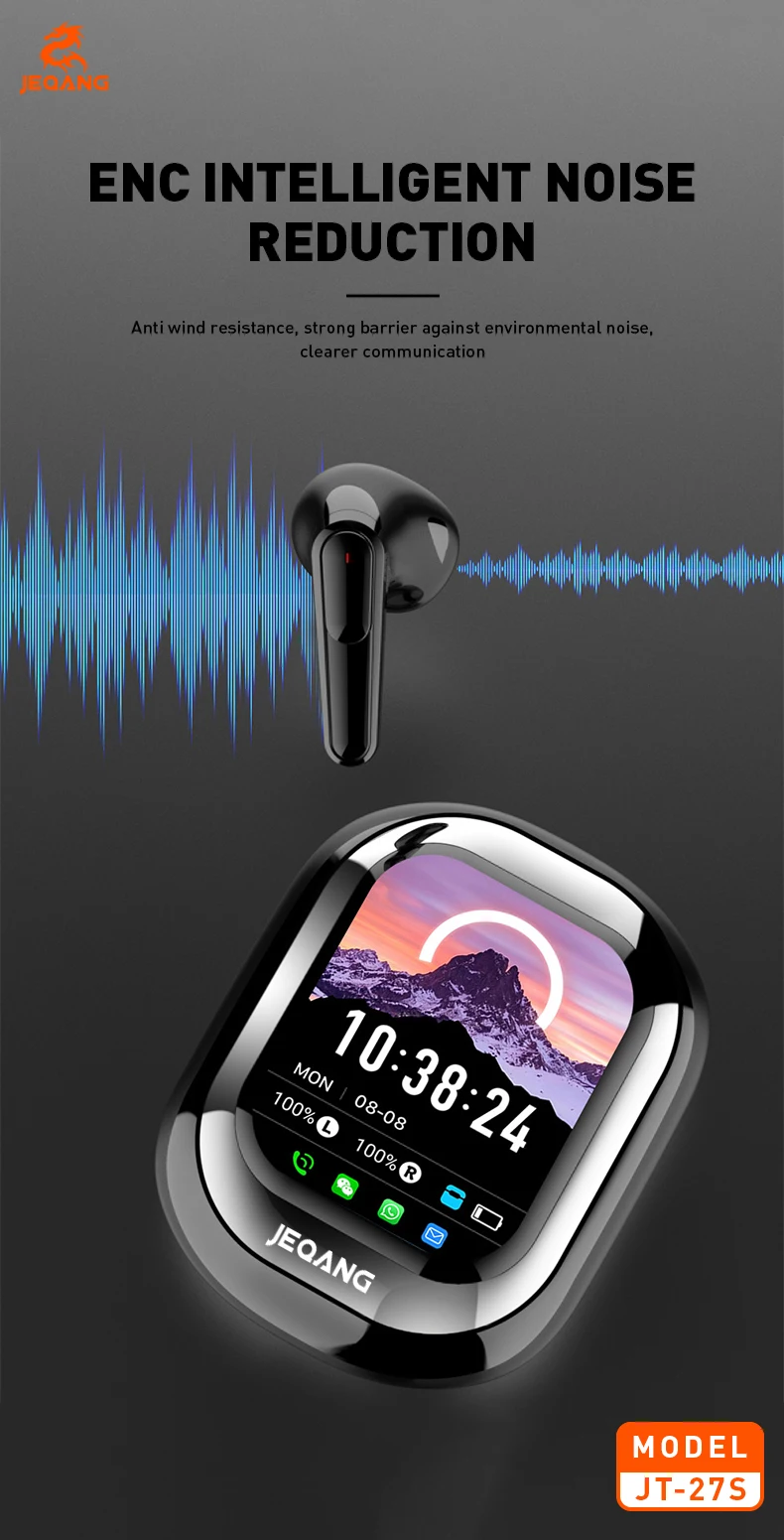 Jeqang-27S TWS BT Wireless In-Ear Earphones Smart Touch Screen Noise Cancelling Headphones Supports WeChat WhatsApp Messages