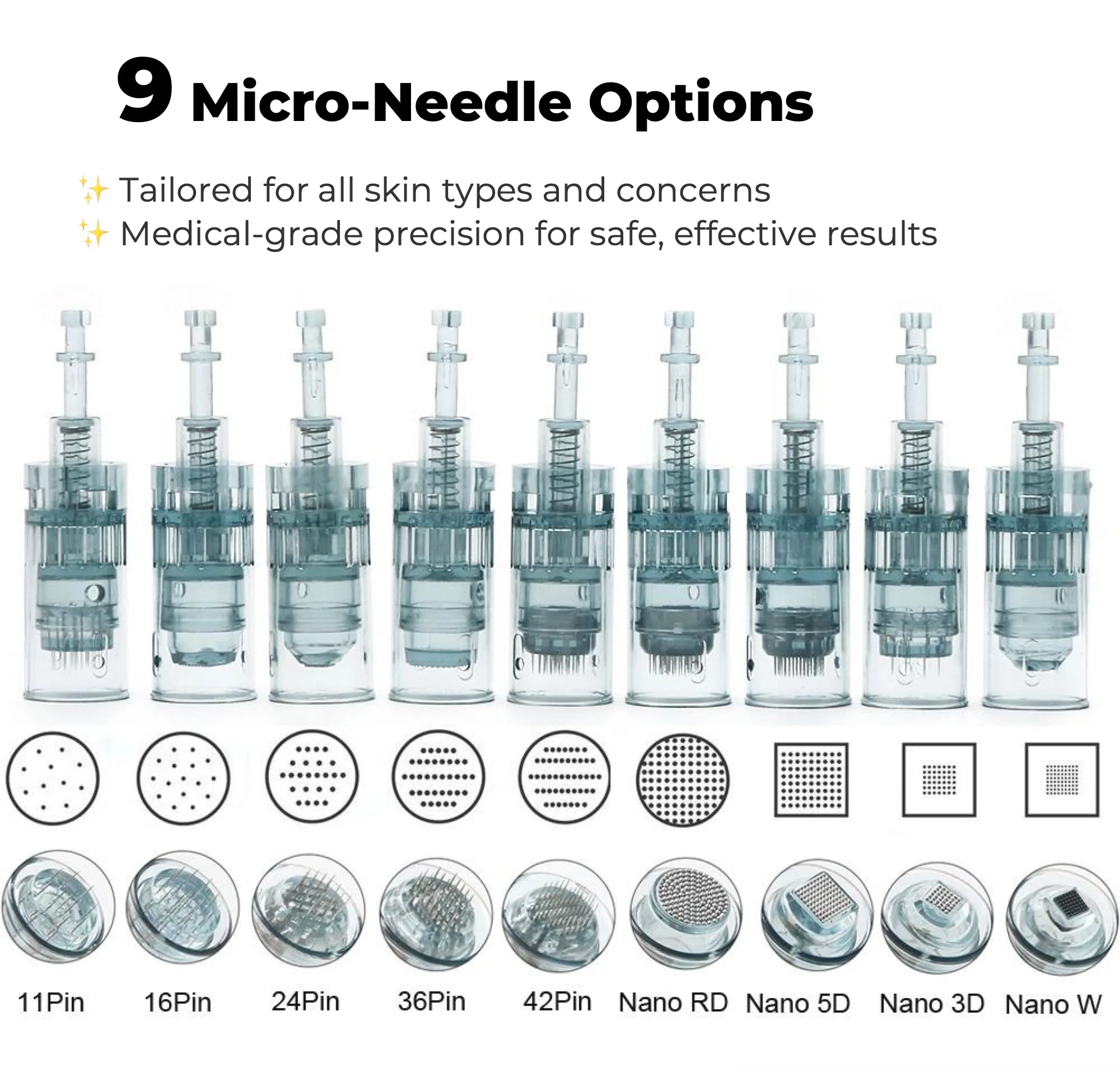 Shop Dr. Pen M8 replacement cartridges in 11, 16, 24, 36, 42 Pin, Nano RD, 5D, 3D and Nano W options. Single-use cartridges for the M8 microneedling device. Replacement Needle Cartridges For Dr. Pen M8 – 11/16/24/36/42 Pin & Nano Tips
