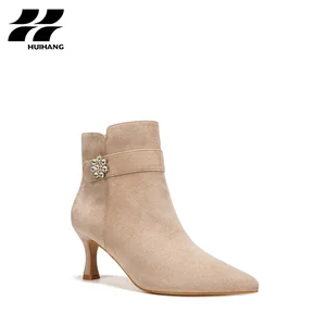 Women's Trendy Fall/Winter Stiletto Ankle Boots Suede Pointed-Toe with Rhinestone Buckle and Zip Closure for Party & Evening