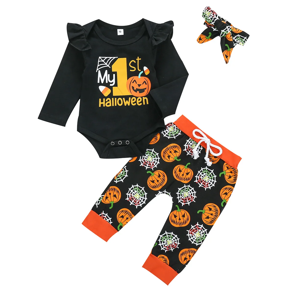 Ensemble de vêtements d'Halloween pour bébé fille à manches longues imprimé citrouille avec haut et jupe porte-jarretelles 2 pièces