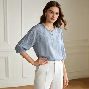 2026 Summer New Style Bohemian Women's Floral Embroidery Solid Half Sleeve T-Shirt Ladies New Loose Casual Tops