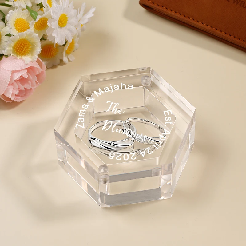Custom Clear Acrylic Wedding Ring Box Personalized Wedding Ring Holder for Ceremony Engraved Romantic Ring Bearer Box details