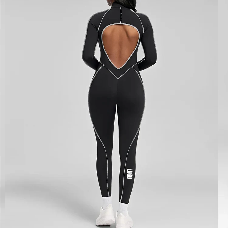 OEM Custom Manufacturers Long Sleeve Onesie Contouring Seams Open Back Bodysuit Zip up Jumpsuit Contour Stitch Catsuit for Women