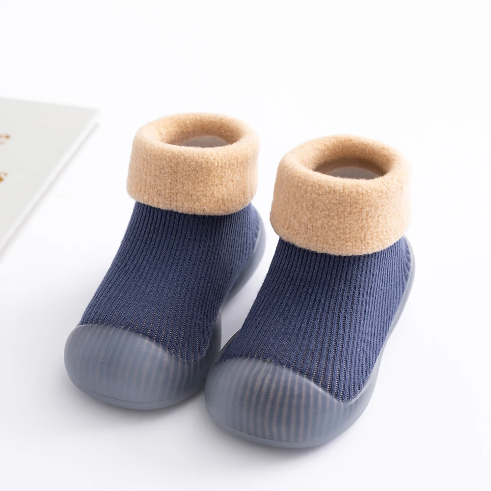 winter warm baby waking shoes non-slip rubber sole solid infant floor socks