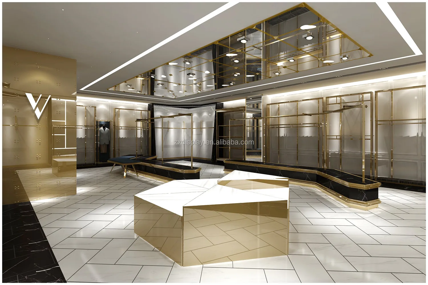 Customized Clothing Store Fixtures Metal Garment Golden Display Rack For Clothing Shop Interior