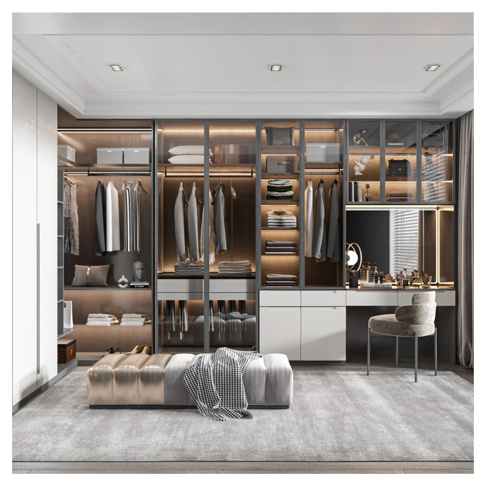 Modern L Shape Solid Wood Custom Italian Closets Elegant Detail Design White Clothes Organizers Wardrobe with Storage Cubes