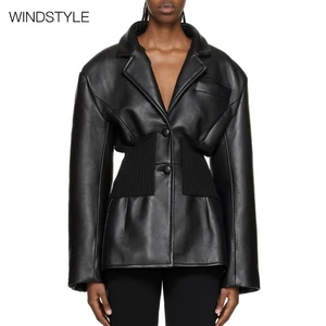 Design Sense PU Jacket with Stand Collar Solid Pattern Fur Decoration Stitching Knit Waist Silhouette PU Filled Coat