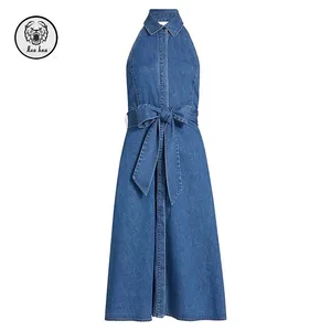 Wholesale Womens Summer Casual Empire Belt Halter Midi Denim Dress Button-Down Sleeveless with Pockets Maxi Length