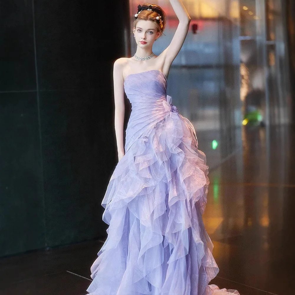 fitted lace wedding dress Purple Tiered Tulle Prom Dress main image 0