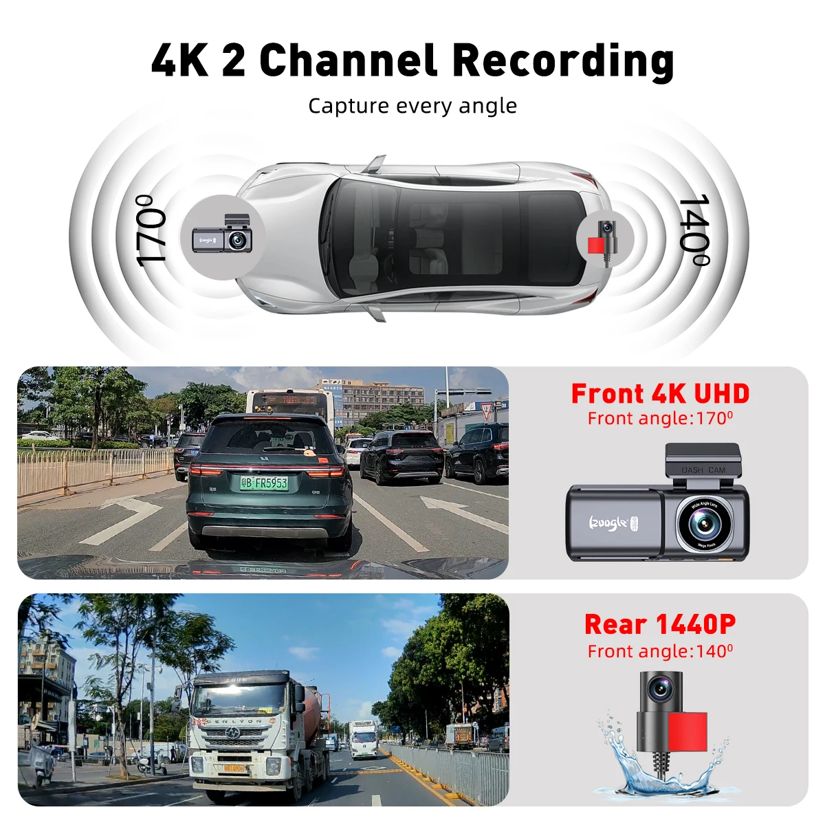 180 Degrees Wide Angle  App Control 4k Wifi Tracking System Video Recorder Dual Lens Black Car Camera Dash Cam With GPS