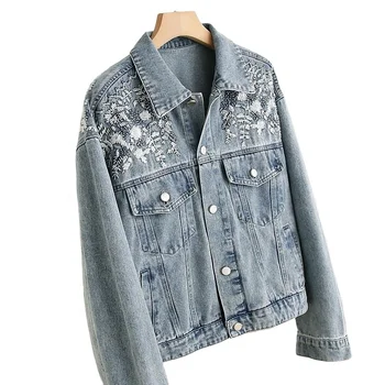 Lady's jeans jacket with embroidery in the front for woman 2024 hot selling and new arrival