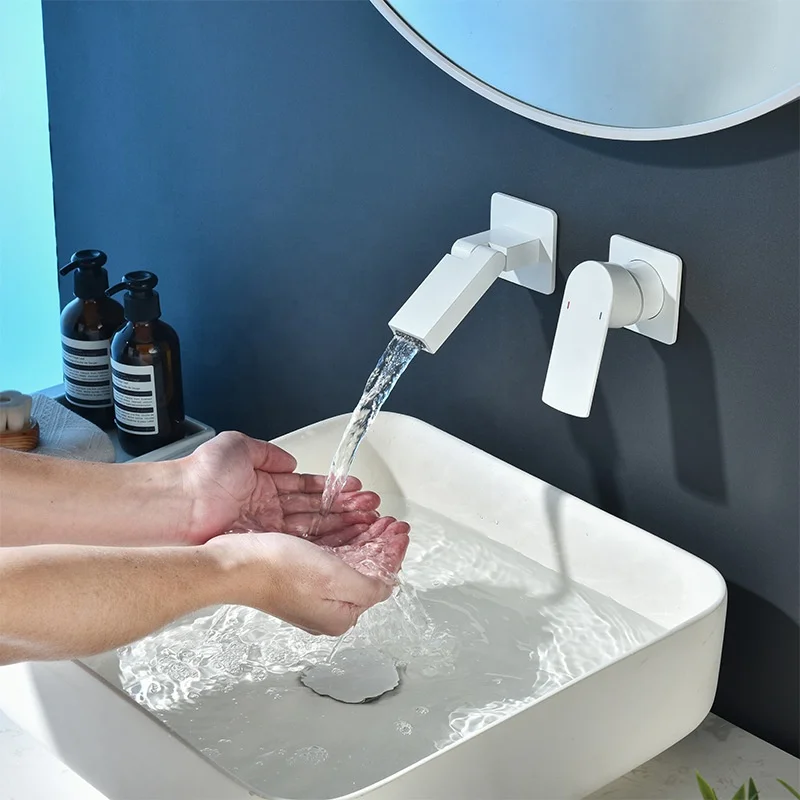 Hidden Wall-Mounted 2-Hole Modern Minimalism Basin Brass Valve Core Hot/Cold Electroplated 5-Year Warranty Bathroom Use