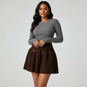 Knitted Breathable Satin Sweet Natural High-Waisted A-Line Knee-Length Pleated Women's Skirt