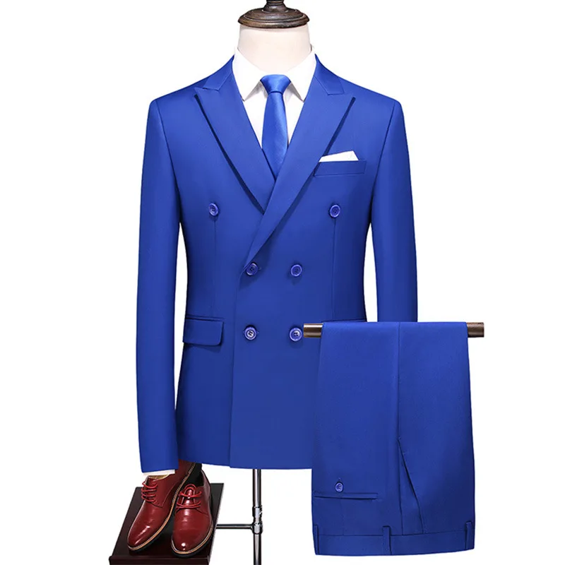 Men's Slim Fit Suit Male Business Casual 2 Piece Trousers Gentlemen Double Breasted Wedd aperçu 12