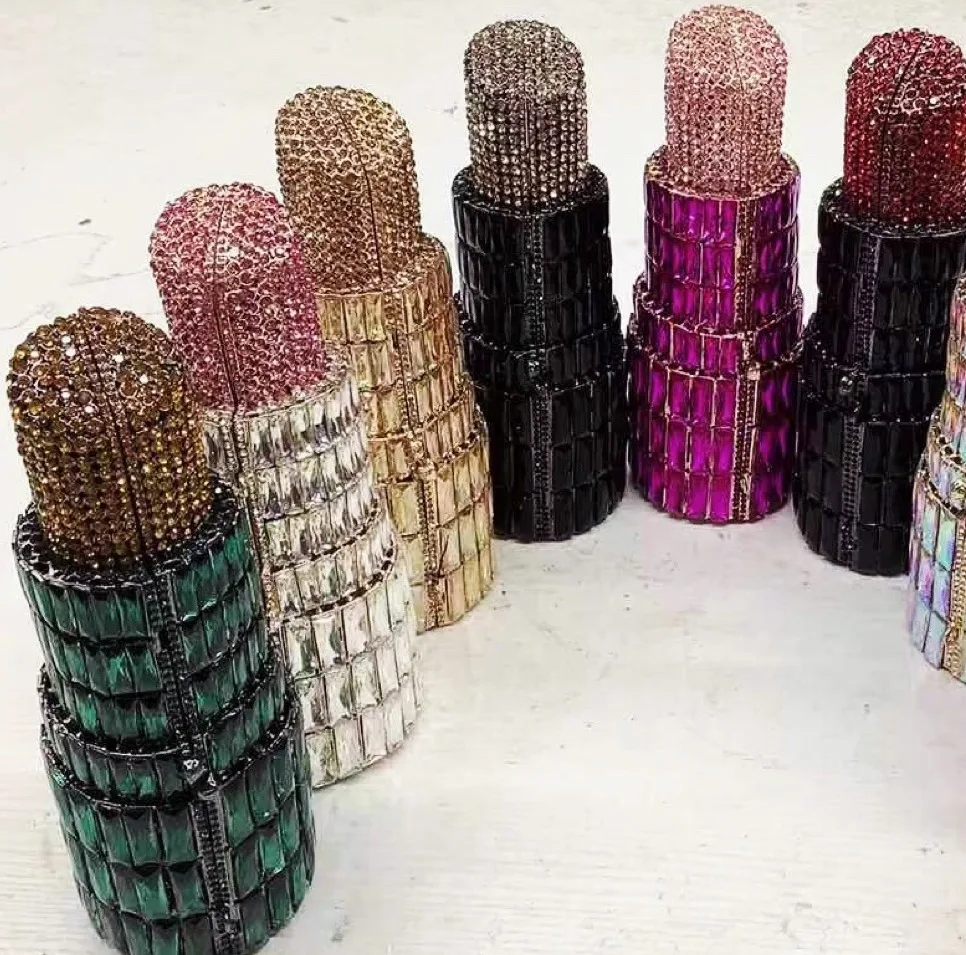 Women Rhinestone Crystal Lipstick Shape Evening Clutch Vintage Wedding