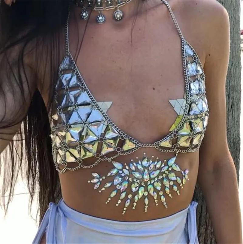 Gemstone Ab Color Festival Body Chain Shine Crystal Pave Golden Plated