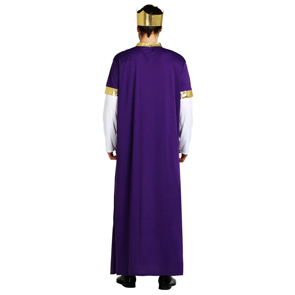 Men Luxury Arabian King Robe Costume for Halloween Cosplay Party White and Purple Dress up with King Headband