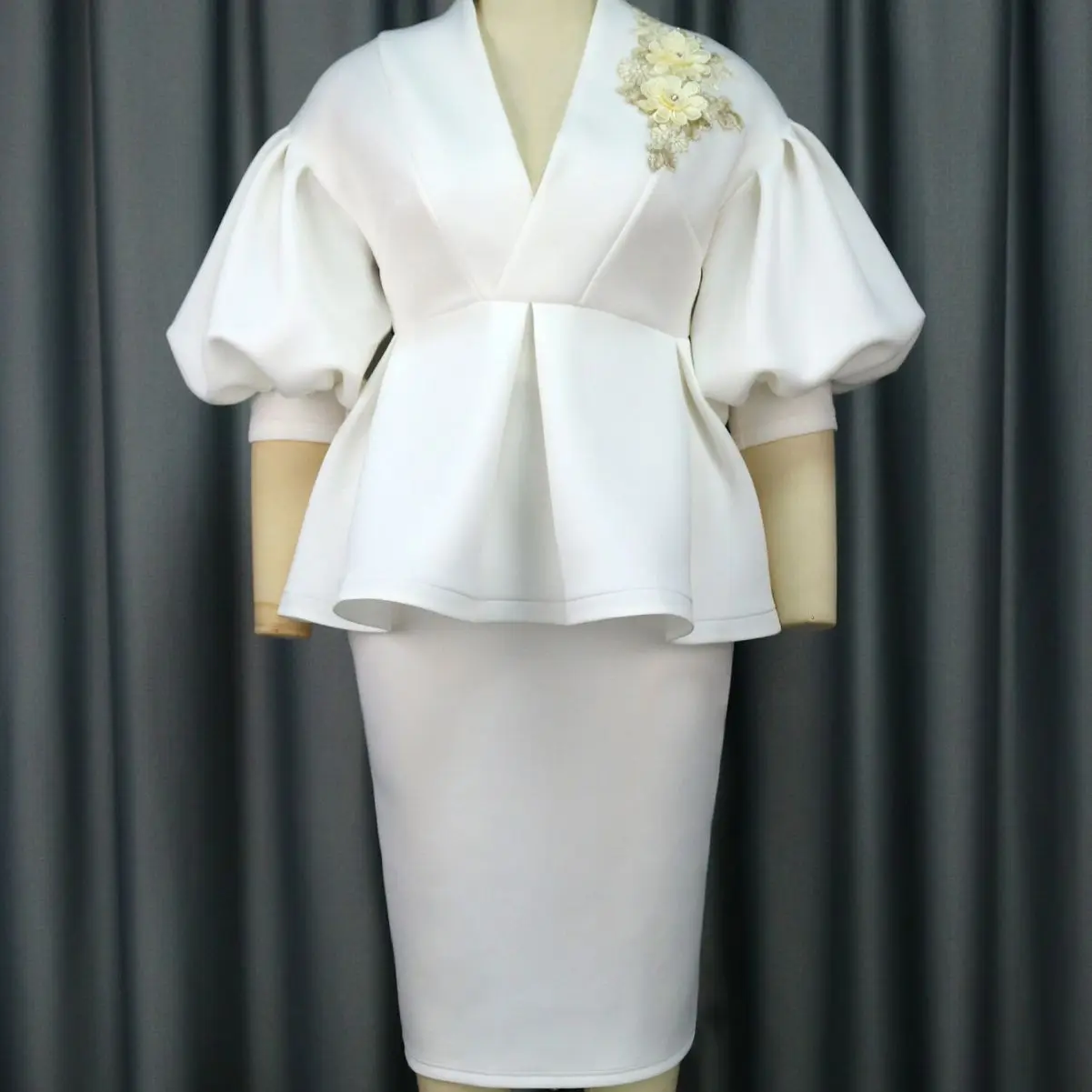 Elegant Women White Dress Set - 2 Piece Peplum Top & Pencil Skirt Outfit  for Office, Wedding Guests, and Formal Events