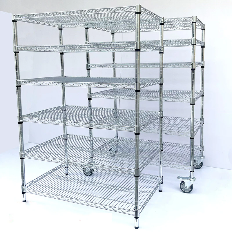 Heavy Duty 6 Tiers Warehouse Stainless Steel Shelves With Wheels Wire Shelving Storage Rack