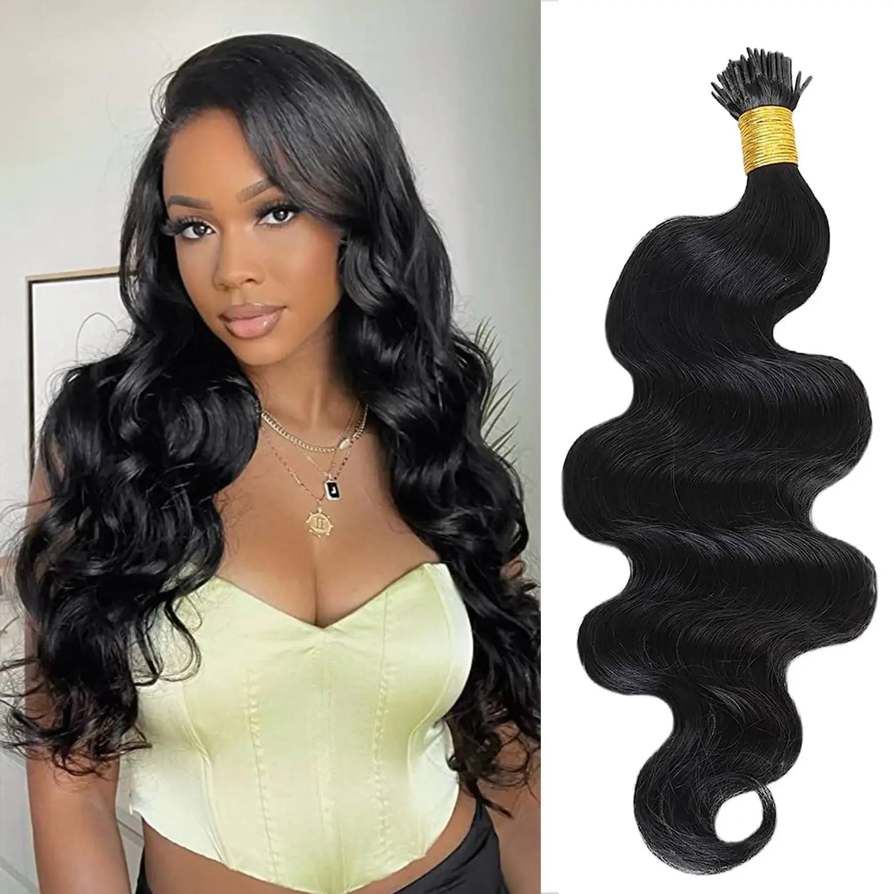 Ķermeņa viļņaini I tipa mikrolinku cilvēka matu pieaudzējumi sievietēm, dabīgas krāsas Brazīlijas mati, iepriekš salīmēti, 1 g/šķipsna, 16–26 collas_voghion.com