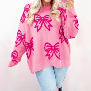 2026 Autumn Korean Style Knitted Long Sleeve Pullover Women 100% Acrylic Digital Printed Bow Pattern O-Neck Anti-Pilling Sweater