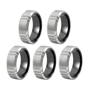 Vertical Grooved Brushed Finish with Polished Edges 8mm Comfort Fit Men Black & Silver Two Tone Tungsten Ring