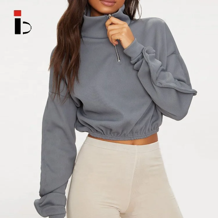 Custom Grey Rib High Neck Front Half Zip Long Sleeve Crop Top Hoodie for Women