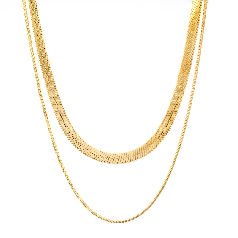 18K Gold Plated Double Layer Snake Bone Chain Necklace Snake Chain Flat Snake Gold Choker Necklace for Women Men